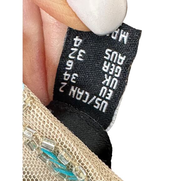 Aidan Matton Sheer Illusion Teal Sequin Gold Beaded Sleeveless Dress Womens Sz 2 - Picture 13 of 13